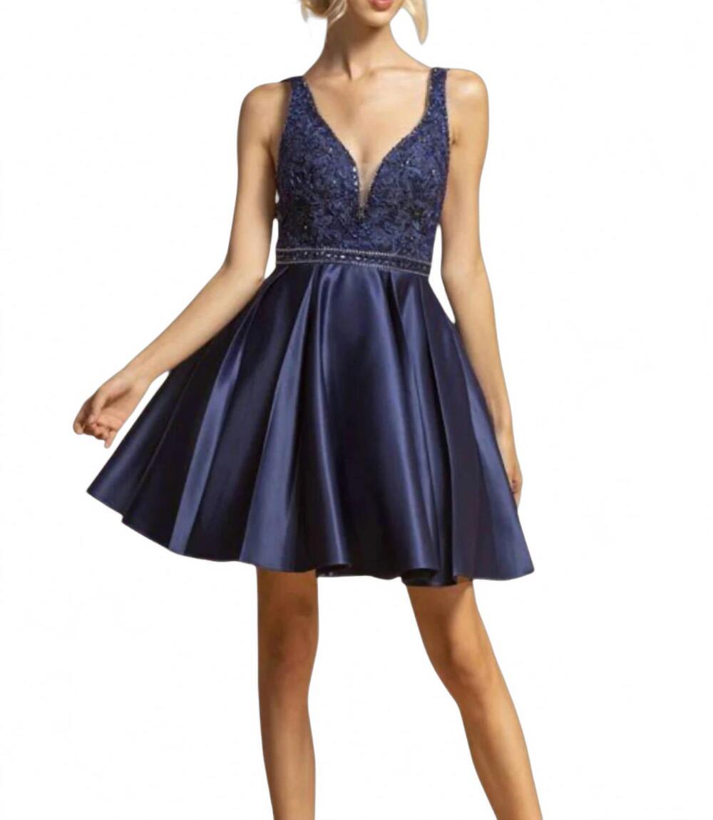 NEW ASPEED DESIGN beaded lace v-neck cocktail dress in navy